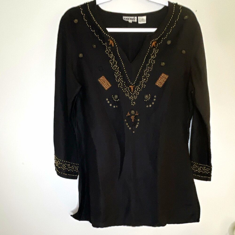 Kaktus Women’s M Black V-Neck Long Sleeve Tunic Blouse Beaded Linen Rayon